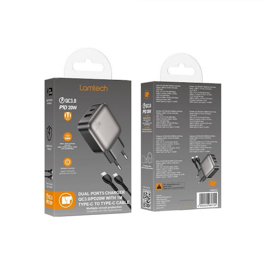 Lamtech Φορτιστής με Θύρα USB-A και Θύρα USB-C και Καλώδιο USB-C - USB-C 60W Power Delivery / Quick Charge 3.0 Γκρι (LAM980725)