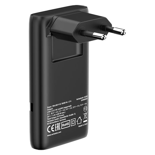 Verbatim Φορτιστής Χωρίς Καλώδιο GaN με 2 Θύρες USB-C 65W Power Delivery Μαύρος (Fold 'n' Go)