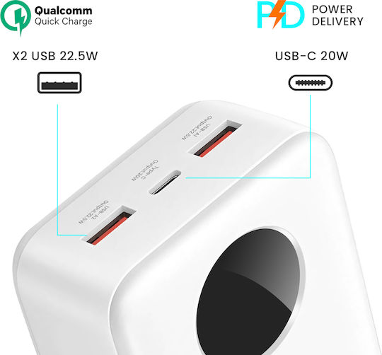 BWOO Power Bank 30000mAh 22.5W με 2 Θύρες USB-A και Θύρα USB-C Power Delivery / Quick Charge 3.0 Λευκό