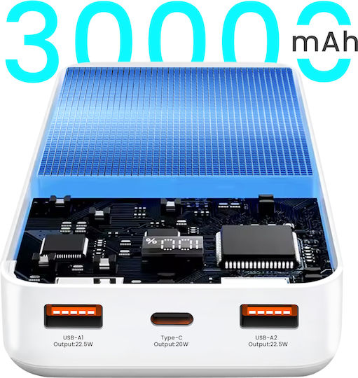BWOO Power Bank 30000mAh 22.5W με 2 Θύρες USB-A και Θύρα USB-C Power Delivery / Quick Charge 3.0 Λευκό