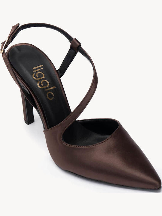 Brown Satin Heels with Side Strap Leather Insole