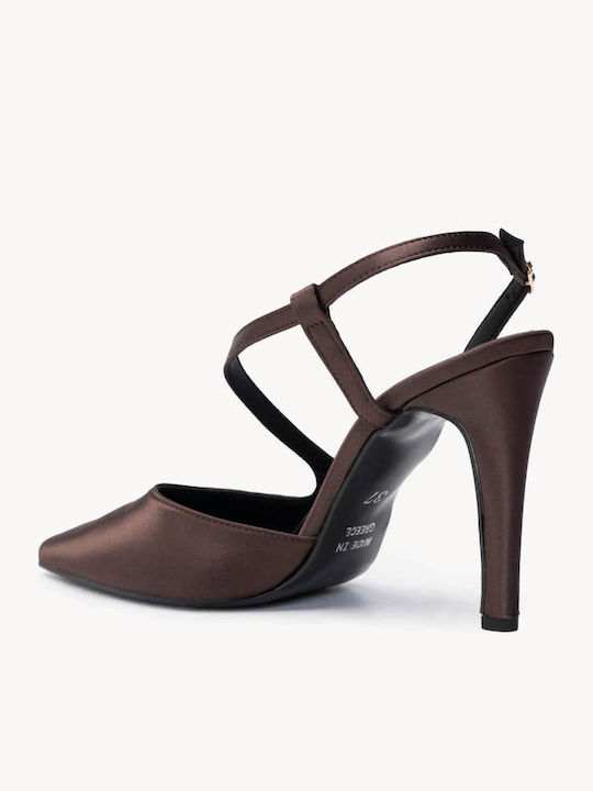 Brown Satin Heels with Side Strap Leather Insole