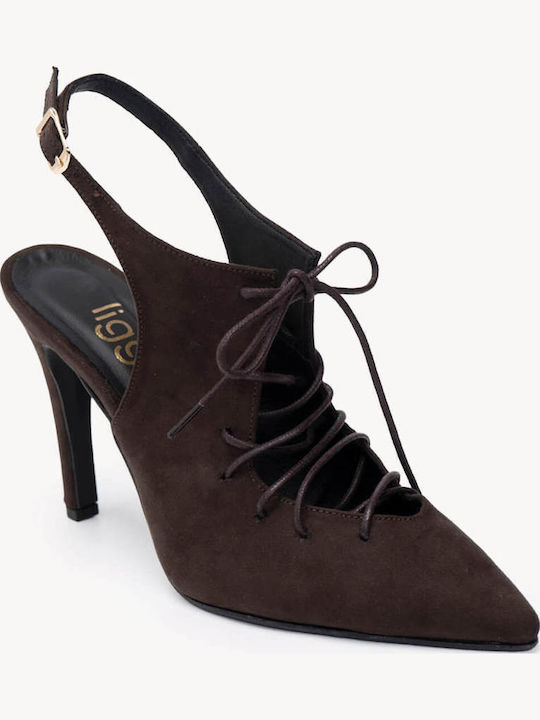 Brown Suede Heels Lace Open Heel