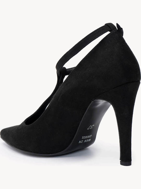 Μαύρες Suede T-bar Γόβες Δερμάτινο Πάτο