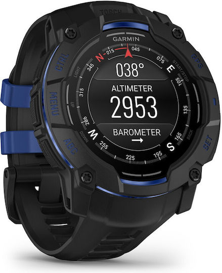 Garmin Instinct 3 AMOLED Aluminium 50mm Waterproof Smartwatch with Heart Rate Monitor (Black/Bolt Blue Band)