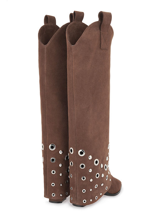 Suede Medium Heel Women's Boots Tabac Brown
