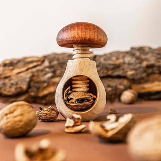Casă Creativă Spargător de Nuci din Lemn Formă de Ciupercă 10 X 6 Cm Mecanism cu Șurub din Lemn de Fag Natural Robust Util