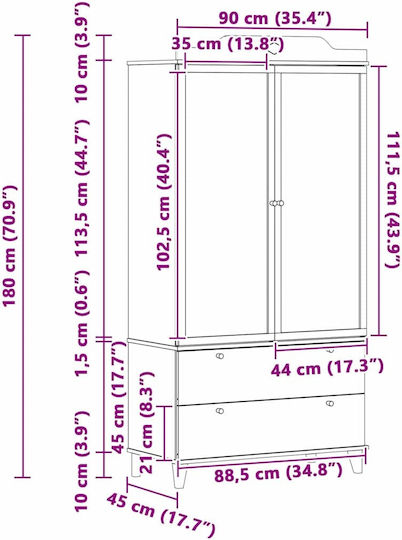 Двойна врата Нтoулάпа с 2 Чекмеджета Бяла 90x45x180см