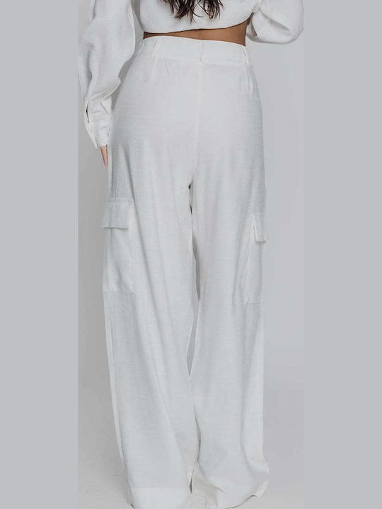 Women's High-waisted Fabric Cargo Trousers Palazzo Fit White