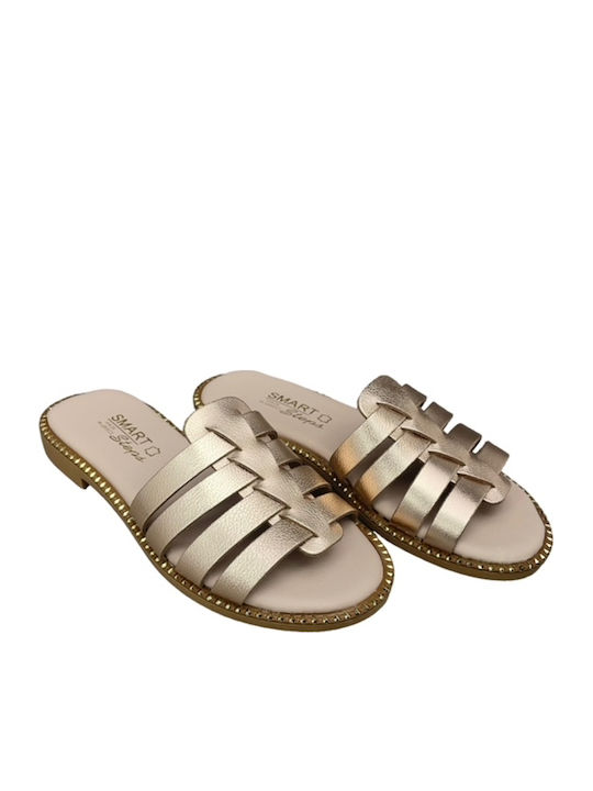 Leather Women's Flat Sandals in Gold Color