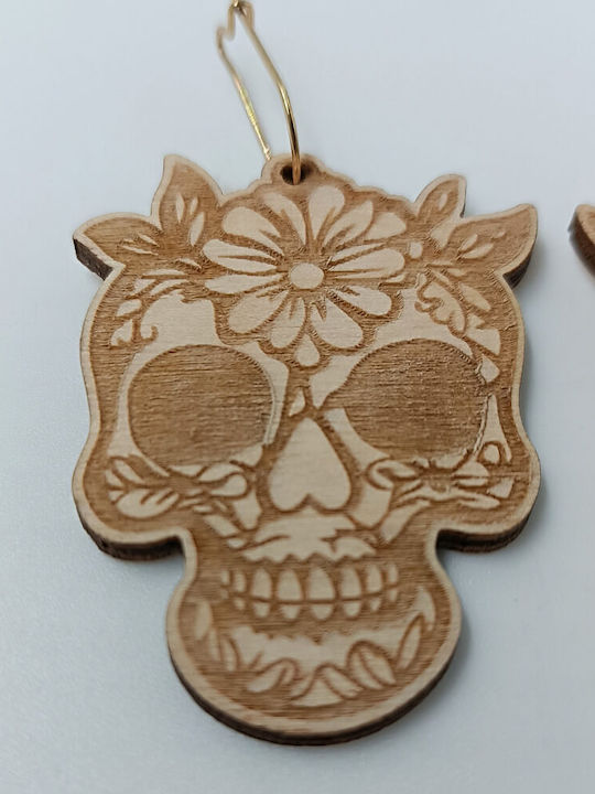 Ξύλινα Σκουλαρίκια Sugar Skull Χάραξη Λουλουδιών Toxylo