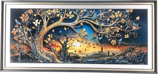 Großes Leinwand Relief Effekte Baum Leben Kiesel in einem Goldenen Rahmen 94x44 cm