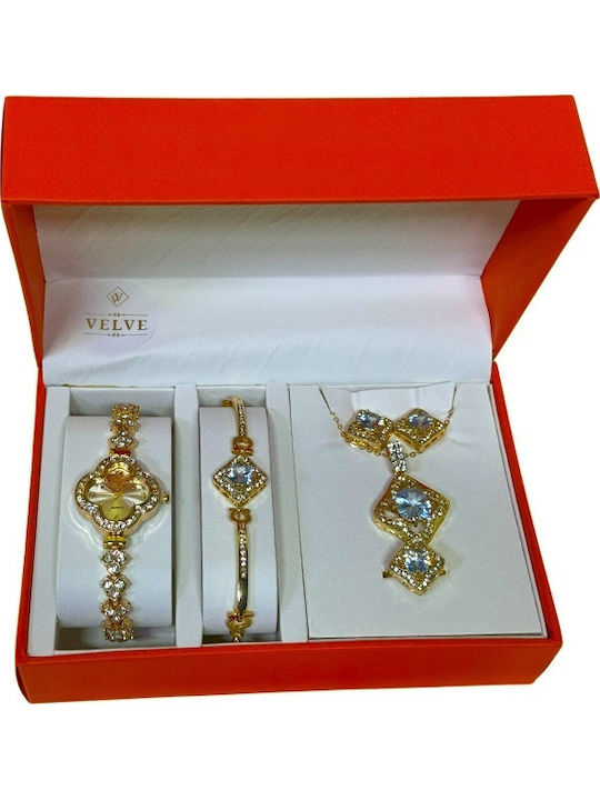 Velve Set with Necklace , Earrings & Ring from Gold with Stones
