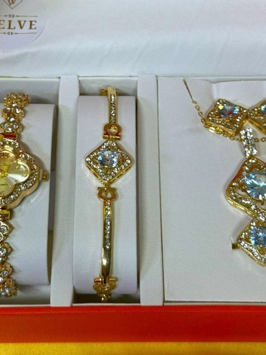 Velve Set with Necklace , Earrings & Ring from Gold with Stones