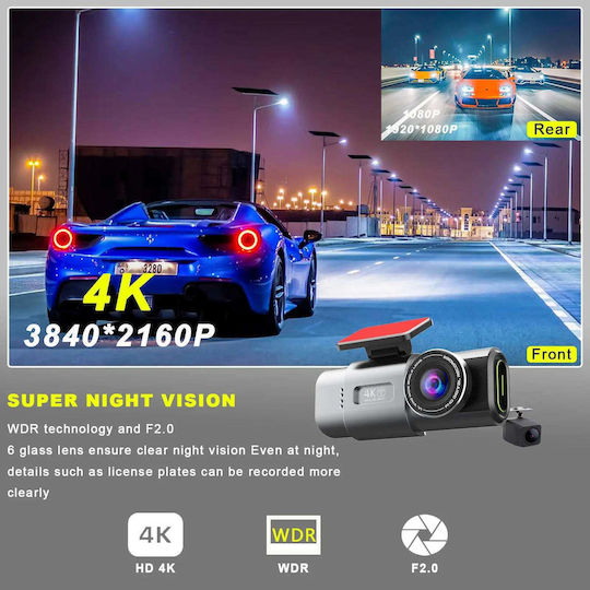 Taggo Σετ Κάμερα DVR Αυτοκινήτου 4K με Οθόνη 1.47" Wi-Fi & Κάμερα Οπισθοπορείας