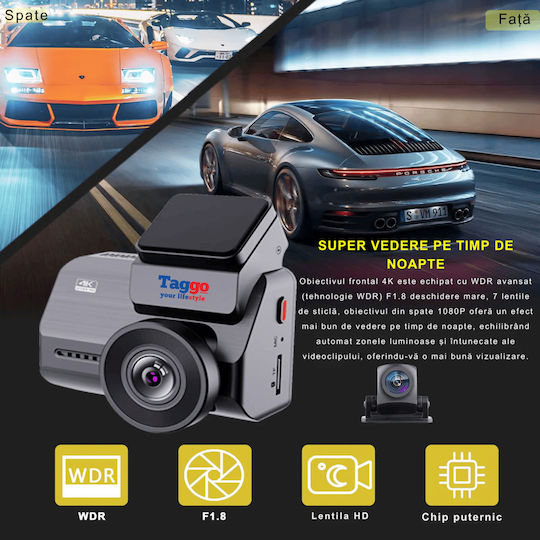 Taggo Σετ Κάμερα DVR Αυτοκινήτου 4K Wi-Fi, GPS & Κάμερα Οπισθοπορείας