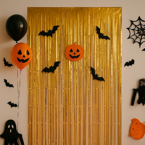 Perdea Franjuri Aurii Decorative Zola Autocolant Efect Sclipitor Petreceri Tematice Halloween Fundal Foto 100 X 200 Cm