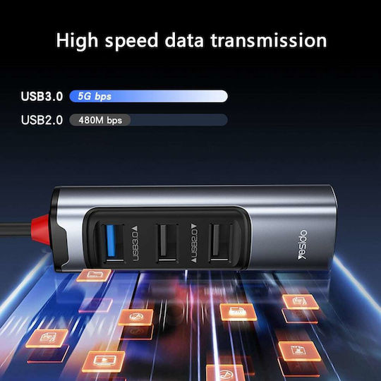 Yesido HB19 USB 3.0 Hub 4 Anschlüsse mit USB-A / USB-C Verbindung Gray