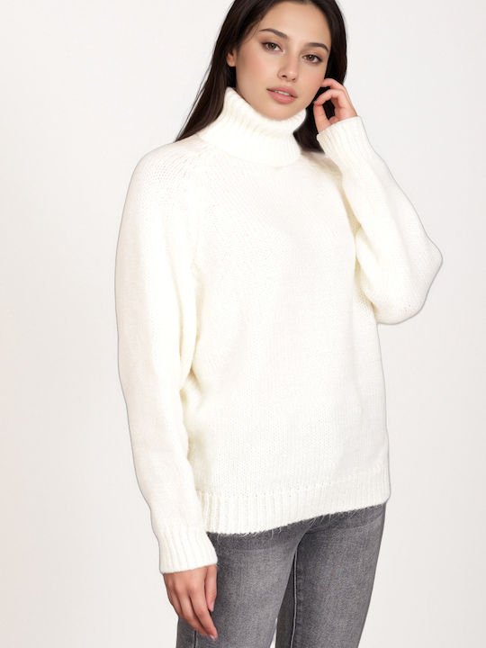 Damen Langarm Pullover Rollkragen Ecru