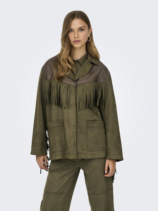 Women's Long Lifestyle Suede Jacket for Winter Oil Green