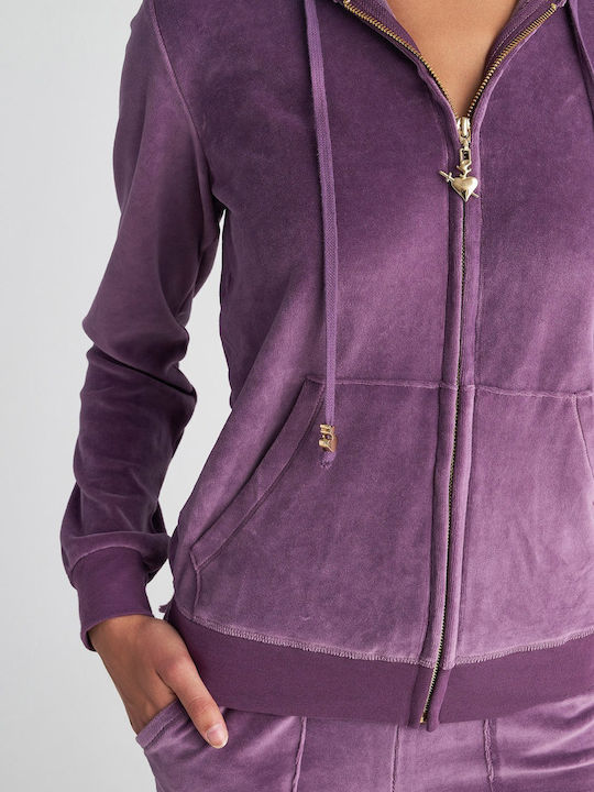 Damen Sweatshirtjacke Samt Kapuzen Purple