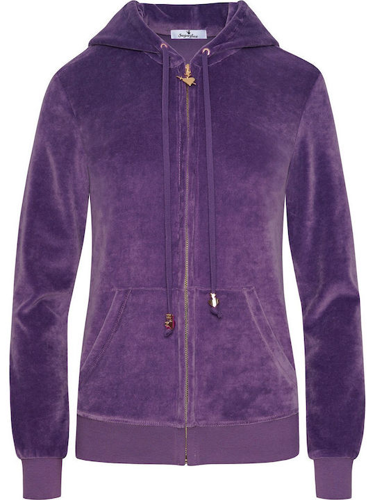 Damen Sweatshirtjacke Samt Kapuzen Purple