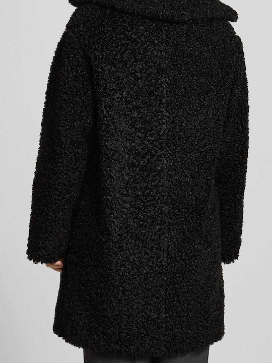 Women's Black Coat Teddy with Buttons