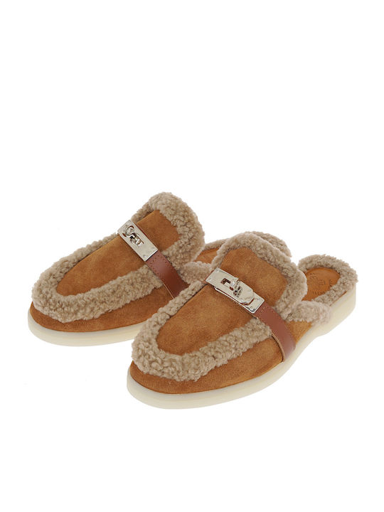 Flach Wildleder Mules in Tabac Braun Farbe
