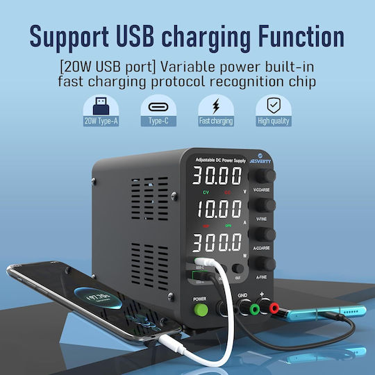 Sursă de Alimentare de Laborator 32 V 10 A DC Reglaj Fin Grosier prin Encoder Usb-c Usb-a 20 W Protecție la Supracurent OCP Ventilator de Răcire Intrare AC115V/230V Jesverty