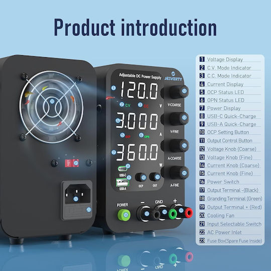 Sursă de Alimentare de Laborator 120 V 3 A Reglaj Fin Grosier Usb-c Usb-a 20 W Protecție la Supracurent Ocp Ventilator de Răcire Intrare Ac115v/230v Jesverty