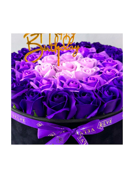 Majestic Floral Arrangement Purple Lilac Light Pink Soap Roses In A Black Velvet Box "happy Birthday" Message