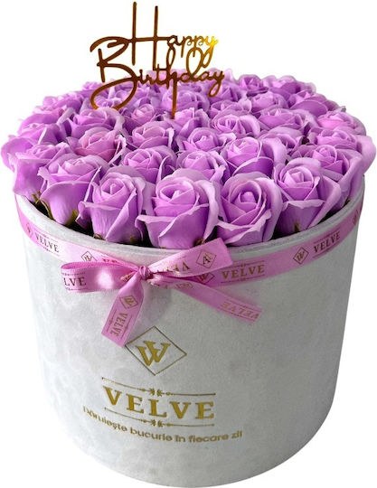 Majestic Lilac Floral Arrangement Soap Roses In A White Velvet Box "happy Birthday" Message
