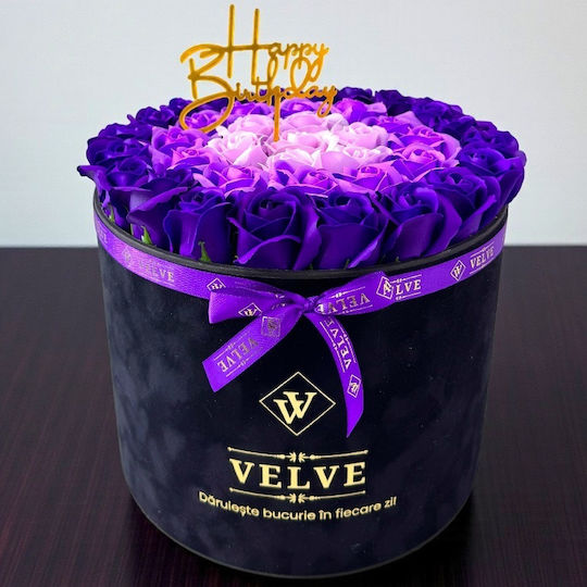 Majestic Floral Arrangement Purple Lilac Light Pink Soap Roses In A Black Velvet Box Happy Birthday Message