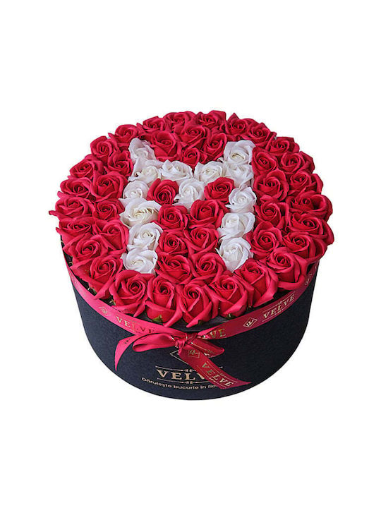 Aranjament Floral Etern Personalizat Litera M În Cutie Rotundă Neagră 55 Trandafiri Săpun