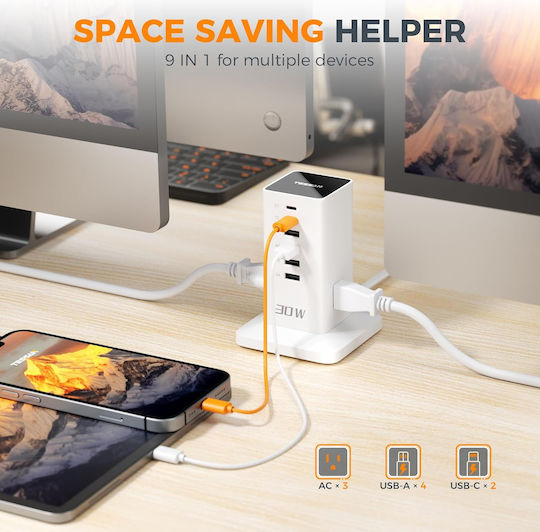Tessan Smart Πολύπριζο 6 Θέσεων με 3 USB-A, 3 USB-C και Καλώδιο 2m