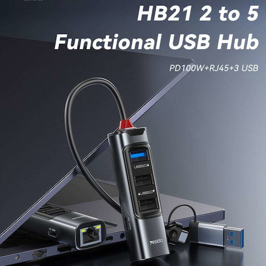 Yesido HB21 Hub 4 Ports USB 3.0 with USB-A / USB-C / Ethernet Connection Gray