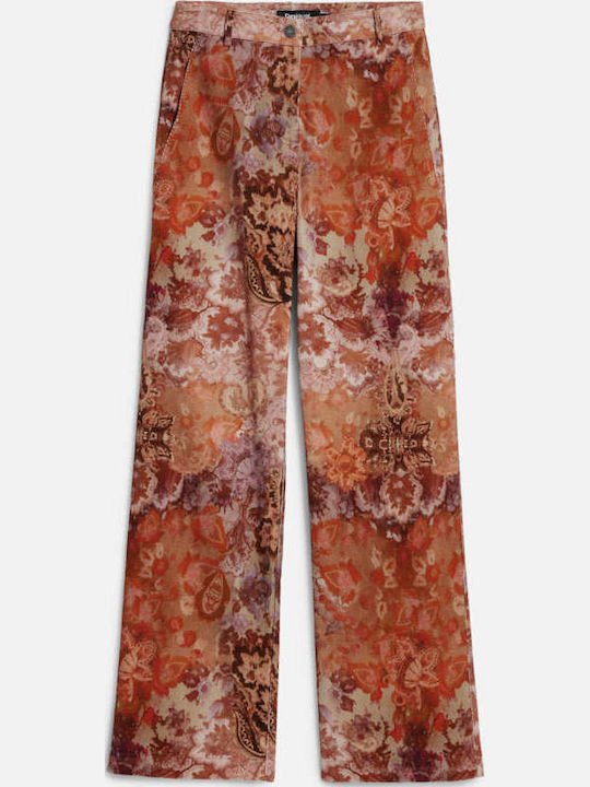 Romantica Dama Tesatura Pantaloni cu Croială Dreaptă Floral Portocaliu