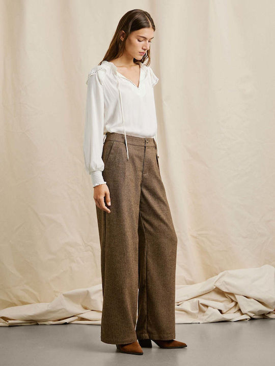 Women's Leather Trousers Checked Brown