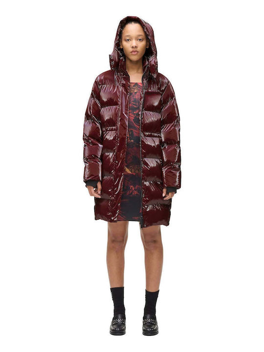 Women's Long Puffer Jacket for Winter Red