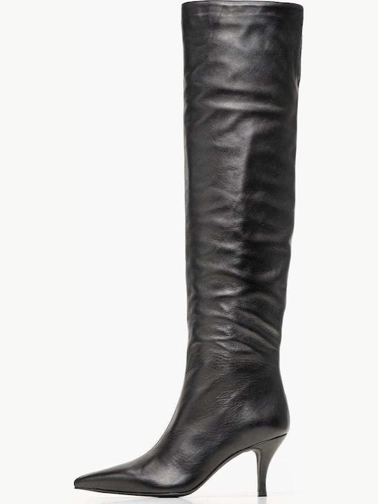 Schwarze Damenstiefel aus Leder Über dem Knie