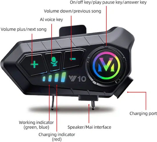 Y10 Single Intercom for Motorcycle Helmet with Bluetooth