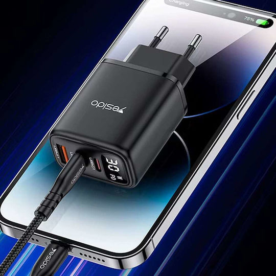 Yesido Ladegerät ohne Kabel mit USB-A Anschluss und 2 USB-C Anschlüsse 30W Stromlieferung Schwarzs (YC69)