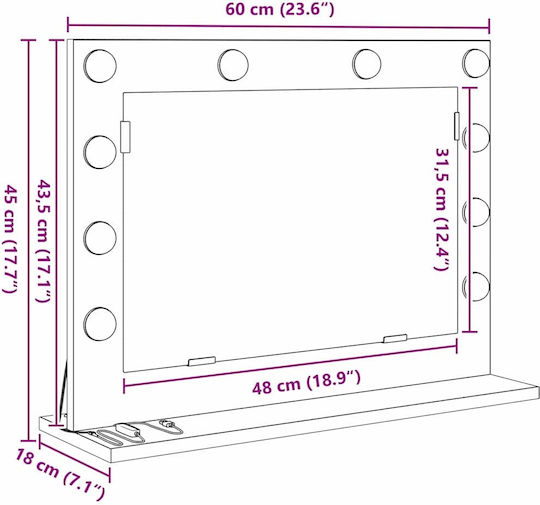 vidaXL Wall Mirror with White Wooden Frame & LED Lighting 60x45cm 1pcs