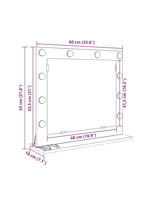 vidaXL Wall Mirror with Brown Wooden Frame & LED Lighting 60x55cm 1pcs