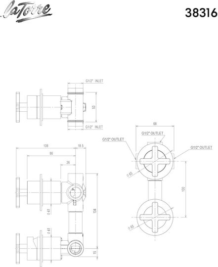 La Torre Elle Built-in Faucet Mixer for Shower 3 Exits Gold
