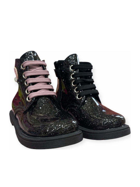 Leather Kids Military Boots with Zipper Black