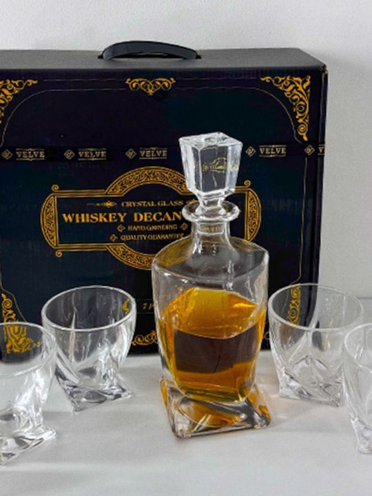 Velve Decantor Din Sticlă Pentru Servirea Whiskey 35cm Cu Dop și Pahare Transparente 1000ml