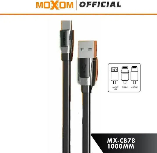 Moxom Flat / Braided USB-A to Lightning Cable Μαύρο 1m