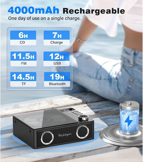 CD Player Portabil Bluetooth 5.3 Baterie 4000 mAh Telecomandă Sunet Hifi Ecran LED Difuzor Integrat Radio USB TF Aux Port Ieșire Optică Negru