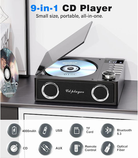 CD Player Portabil Bluetooth 5.3 Baterie 4000 mAh Telecomandă Sunet Hifi Ecran LED Difuzor Integrat Radio USB TF Aux Port Ieșire Optică Negru